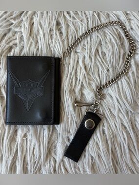 Harley Davidson Vintage 90s USA V-Twin Bar Shield Tri-Fold Leather Chain Wallet